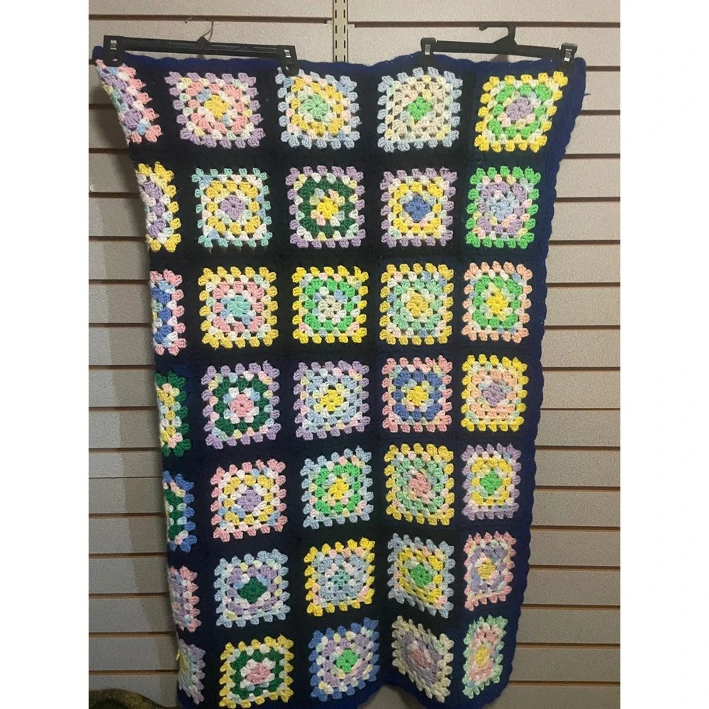 VTG Handmade Crochet Granny Square Afghan Blanket Rosanne Pastel Patchwork 44x54